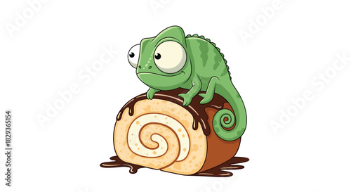A cute cartoon green chameleon with large eyes sits atop a delicious Swiss roll cake drizzled with melted chocolate, against a clean white background.