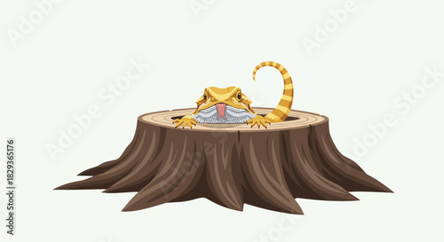 A curious, cartoonish bearded dragon with a long, striped tail peeks out of a hollow tree stump, its tongue slightly extended.