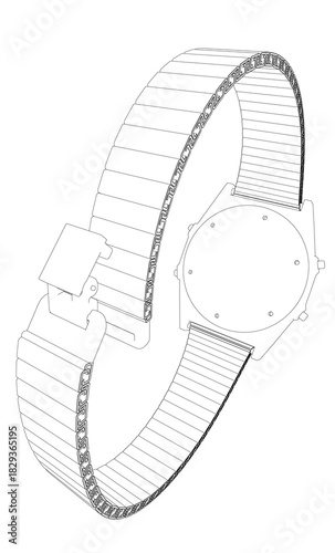 Vintage watch with a sleek black face and silver accents on a metal wrist band. The contour design stands out against a bright white background.