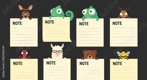 Eight adorable cartoon animals peeking over individual blank notepads with 'NOTE' written, suitable for various messages and reminders.