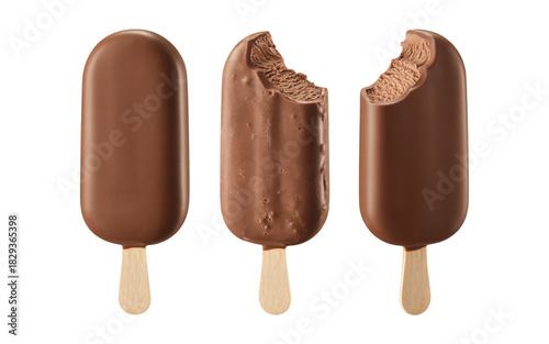 Three chocolate-covered ice cream bars on wooden sticks are displayed side by side.
