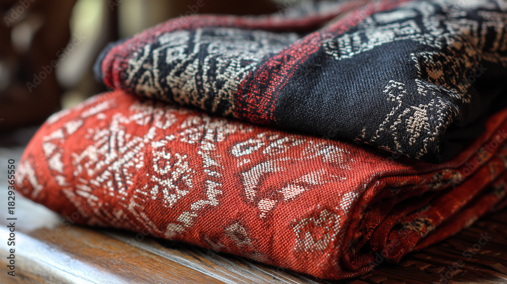 Fototapeta premium Close-up of traditional Assamese handwoven fabrics showcasing detailed patterns used during Bihu Festival cultural attire.