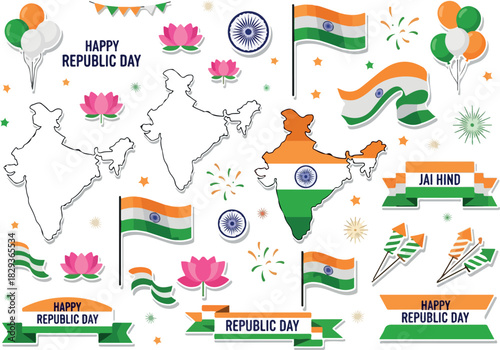 Festive India Republic Day Celebration Vectors Flags, Maps, and Lotuses
