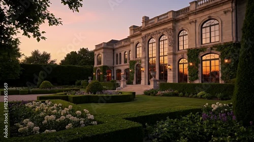 Magnificent Stone Chateau with French Gardens at Dusk with Warm Sunset Sky and Elegant Landscape