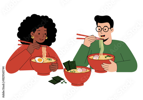 Two people enjoy a traditional ramen meal together, using chopsticks and sitting by an extra bowl. Perfect for asian cuisine blogs or restaurant advertisements.