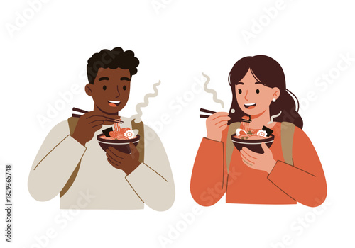 Two people enjoying lunch with chopsticks from bowls, suitable for food blogs, articles, asian cuisine, cultural diversity, and dining concepts.