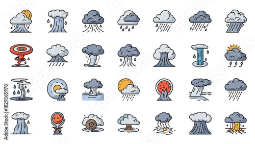 Natural Disaster Icon Collection in Flat Style – Climate Warning Symbols Vector