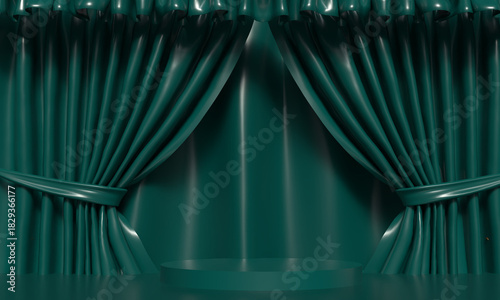 curtain waving podium stage round exhibition blue green color presentation background wallpaper mockup empty blank textile clothes curve satin curtain green blue gradient surface theatre display show