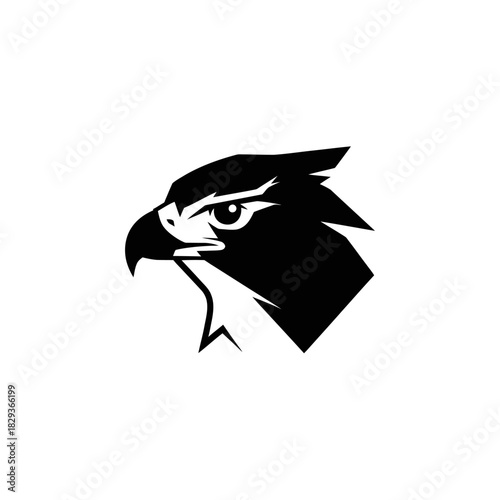 Minimalist flat design logo of majestic hawk head in black and white, , showcasing sharp features and intense gaze vector logo template