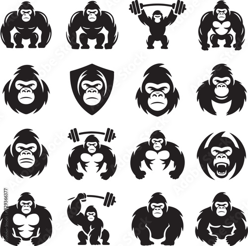 Collection of gorilla silhouette illustrations featuring various poses and expressions