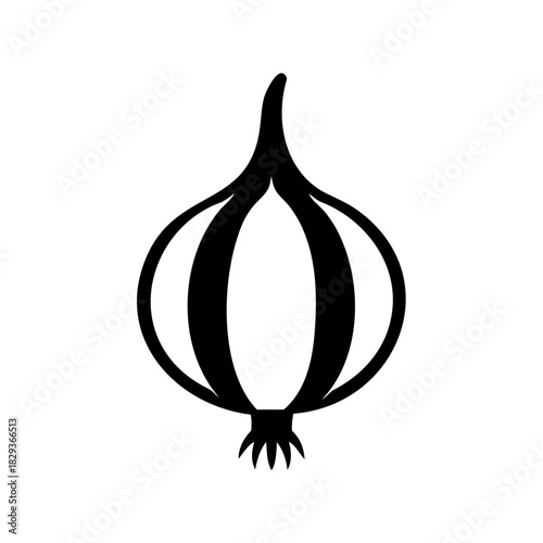 Minimalist vector graphic of an onion with a simple, clean design style
