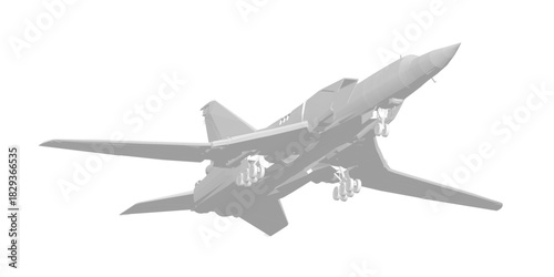 Polygonal fighter jet with landing gear deployed flies against a clean white background. This military aircraft features geometric design elements and sharp angular details.