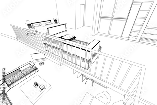 Black and white loft interior contour drawing featuring a central staircase, a bed with pillows, and a table with various objects. The detailed wall completes the scene.