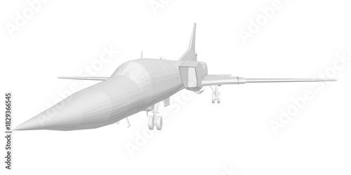 Polygonal military fighter jet 3D model isolated on white background. This royalty-free asset features geometric design with sharp edges and clean vector lines.