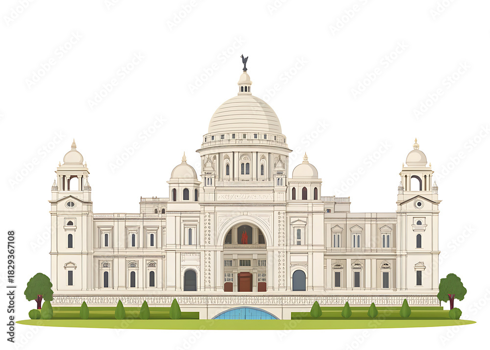 Fototapeta premium Victoria Memorial Kolkata vector illustration, flat, clean white background