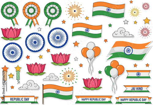 Indian Republic Day Vector Elements Flags, Lotus Flowers, and Ribbons
