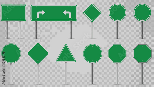 Assorted green road signs templates offering versatility for urban planning projects and diverse directional needs, originally designed as scalable vector graphics