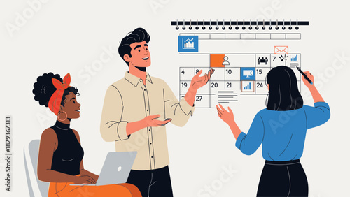 Team planning project timeline with visual calendar for agile workflow, business growth, strategic goals, and diverse collaboration in modern workspace