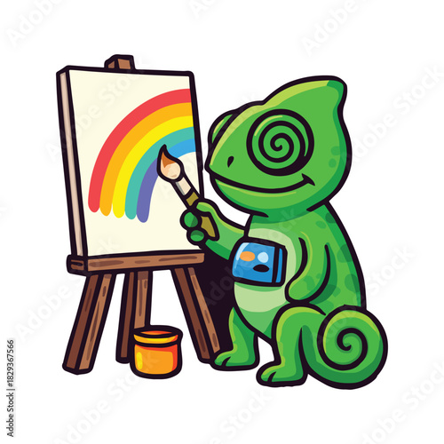 Chameleon Painter, wearing apron and beret, creates vibrant rainbow masterpiece on canvas with brush.