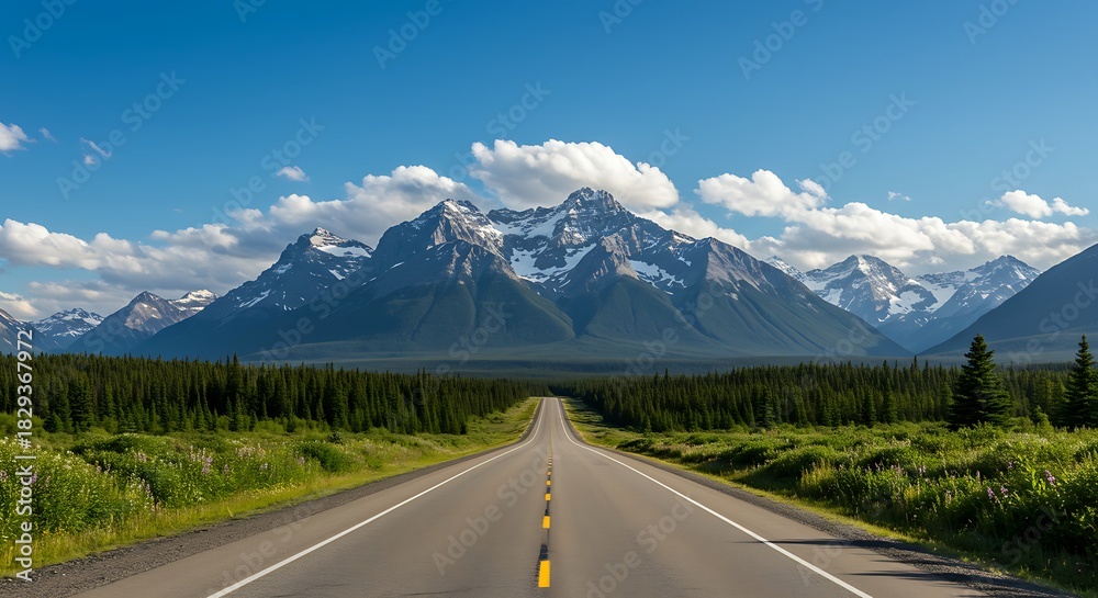 Fototapeta premium Open road leading towards majestic, snow-capped mountains under a clear, blue sky