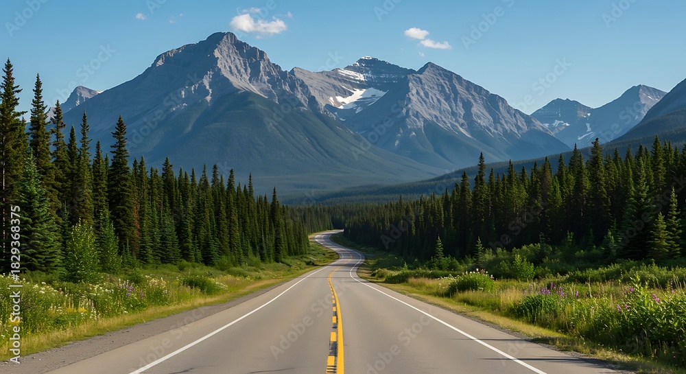 Fototapeta premium Open road through a forest with towering mountains in the background under a blue sky