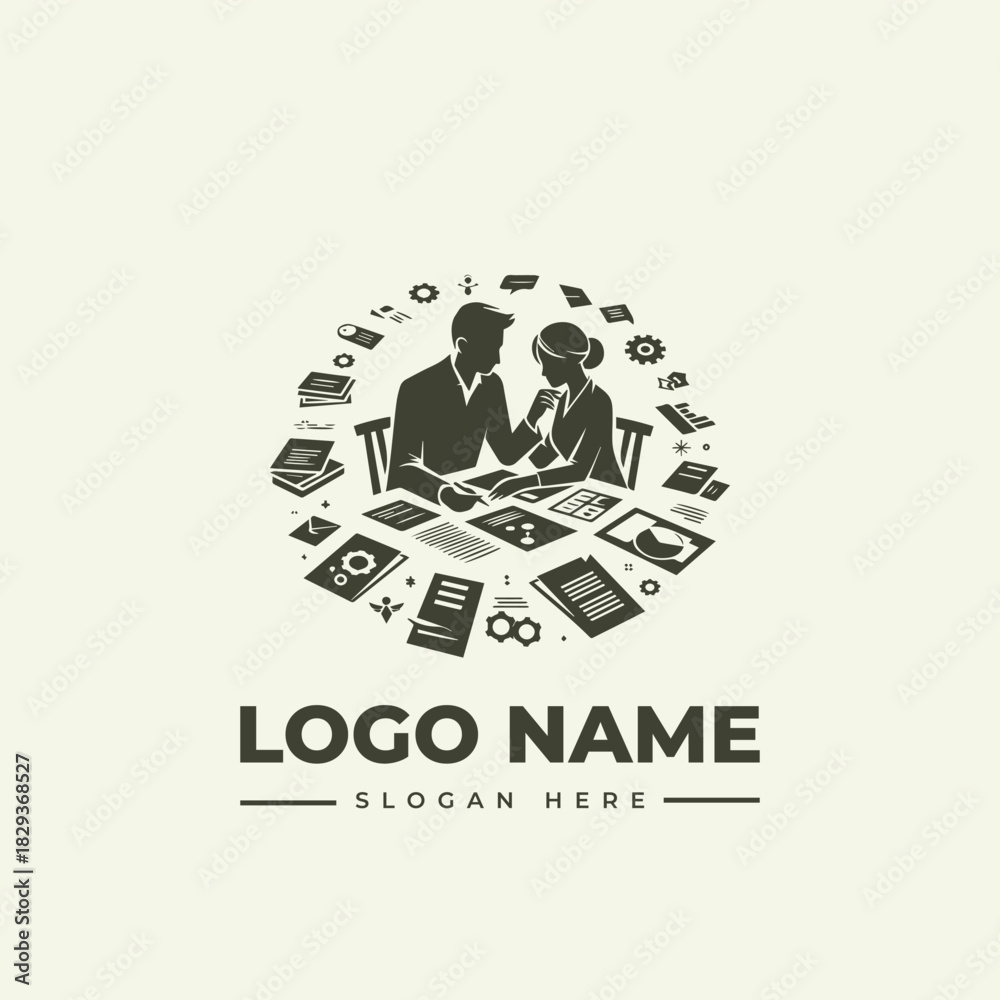 Naklejka premium Creative Business Partnership Vector Logo Illustration, capturing Professional Collaboration with Engraving Details and Office Documents for Productivity