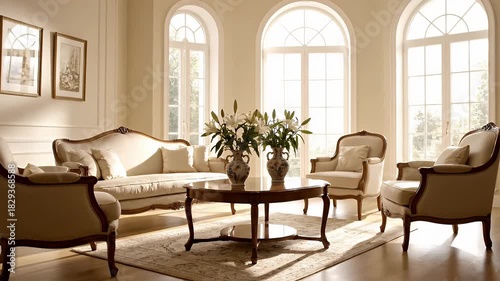 Elegant Living Room with French Provincial Furniture and Large Arched Windows Bathed in Natural Sunlight