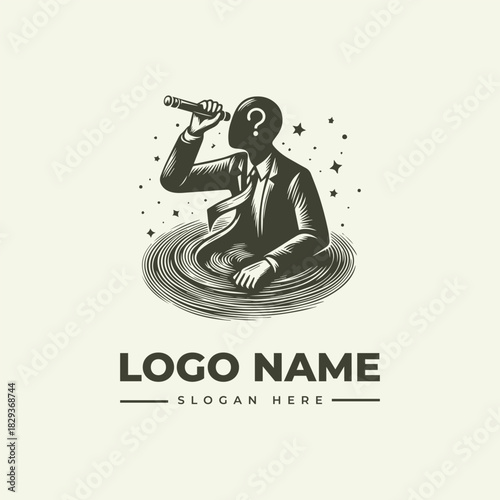 Mysterious businessman seeking vision from a vortex, a vintage engraving style vector logo illustration for corporate identity 42