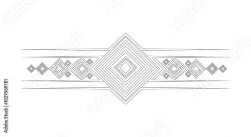 A symmetrical geometric pattern featuring nested diamonds and horizontal lines in shades of grey and white, creating a decorative border design.