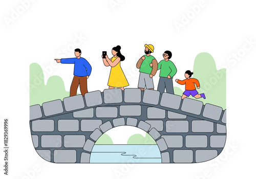 Group of people on stone bridge with archway, suitable for travel and tourism concept designs, book covers, and editorial content.