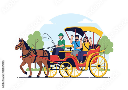 Horsedrawn carriage carries people on a scenic journey. Suitable for travel brochures, historical articles, or transportationthemed designs.