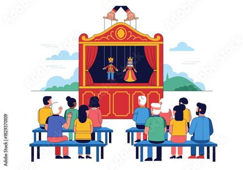 Puppet show with king and queen puppets entertaining audience. Suitable for educational materials, presentations, and storytelling illustrations for kids.