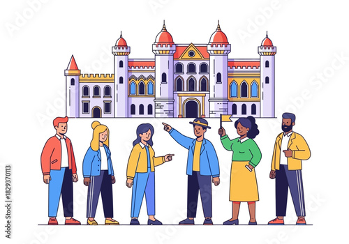 Group of tourists exploring a colorful cartoon castle with turrets. Ideal for travel brochures, childrens books, and educational materials.