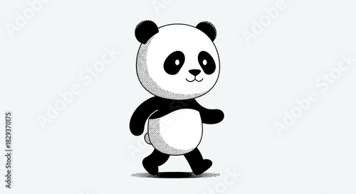Adorable panda character walking with a playful expression in black and white design