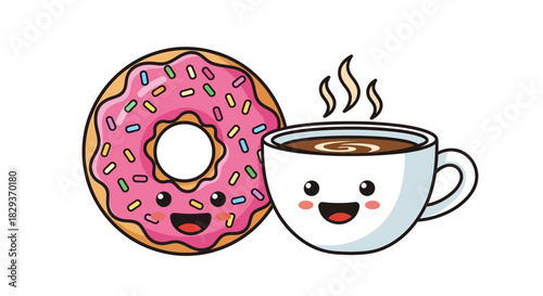 Delightful cartoon depiction of a cheerful donut and a steaming cup of coffee