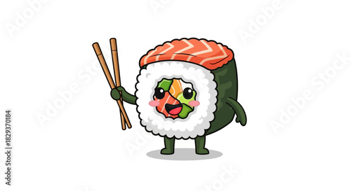 Cartoon sushi roll character cheerfully presenting chopsticks on white background scene