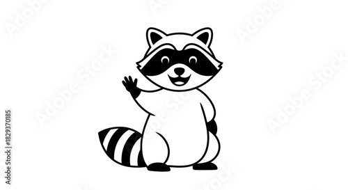 Cartoon raccoon waving with striped tail on a white background creating a friendly gesture
