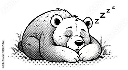 Monochrome depiction of a cartoon bear peacefully sleeping in a meadow environment