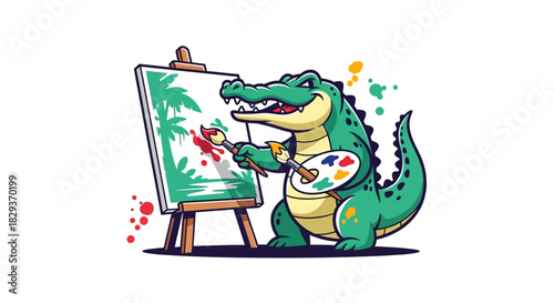 Cartoon alligator paints tropical scenery with passion and artistic flair on easel