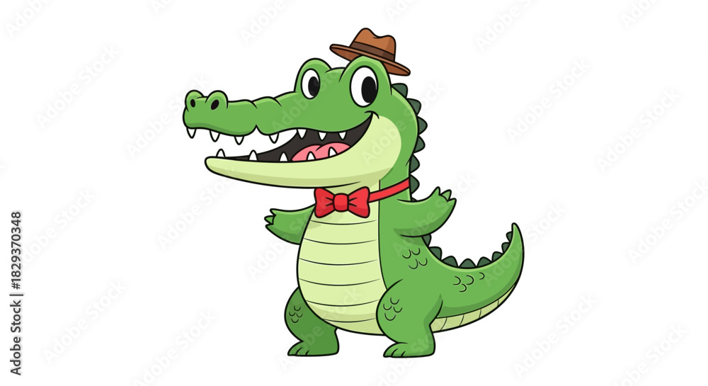 Naklejka premium Cartoon alligator with a hat and bow tie standing happily showcasing a playful style