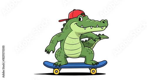 Cartoon crocodile skateboarding isolated on white background expressing happiness and enjoyment of