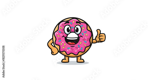 Cheerful donut character giving a thumbs up with pink frosting and colorful sprinkles on a white