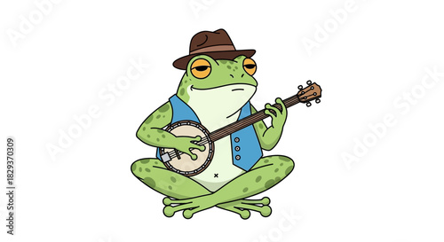 Humorous frog musician illustration with a fedora playing the banjo on a white background