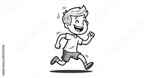 Dynamic cartoon illustration of a cheerful boy joyfully running with great enthusiasm and happiness