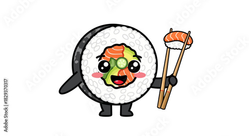 Adorable sushi roll character holding chopsticks with a delectable salmon nigiri sushi piece