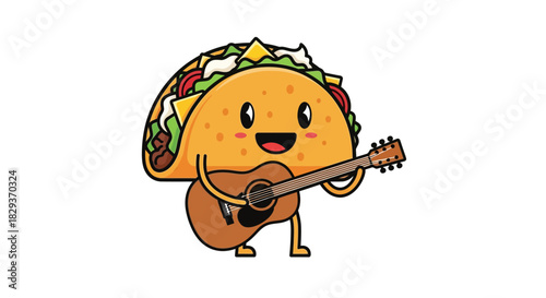 A cheerful taco character strumming a guitar on a white background with a playful musical theme