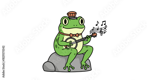 Charming amphibian musician serenades the pond with his stringed melody and joyful composition
