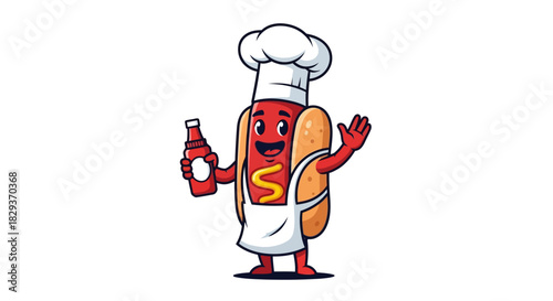 Whimsical hotdog chef with ketchup ready to serve delightful fast food creation