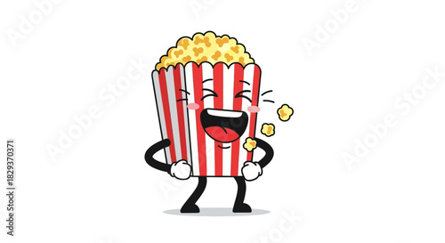 Cartoon popcorn character laughing joyfully with a red and white striped container