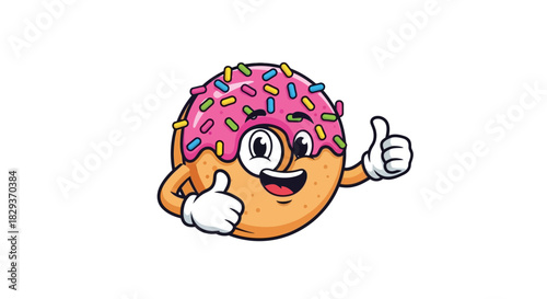 Cheerful donut mascot with pink frosting and colorful sprinkles giving thumbs up gesture